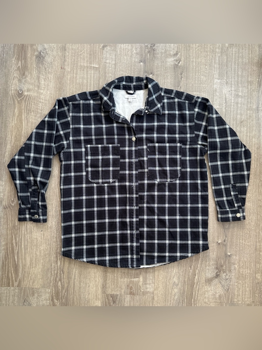 Oversized Navy Blue and White Plaid Button-Down Shirt Jacket